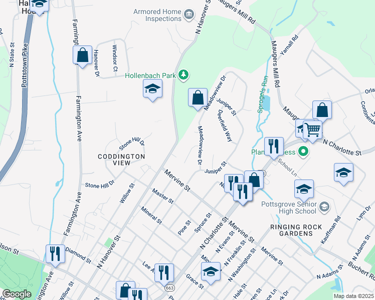 map of restaurants, bars, coffee shops, grocery stores, and more near 1287 Whitespire Circle in Pottstown