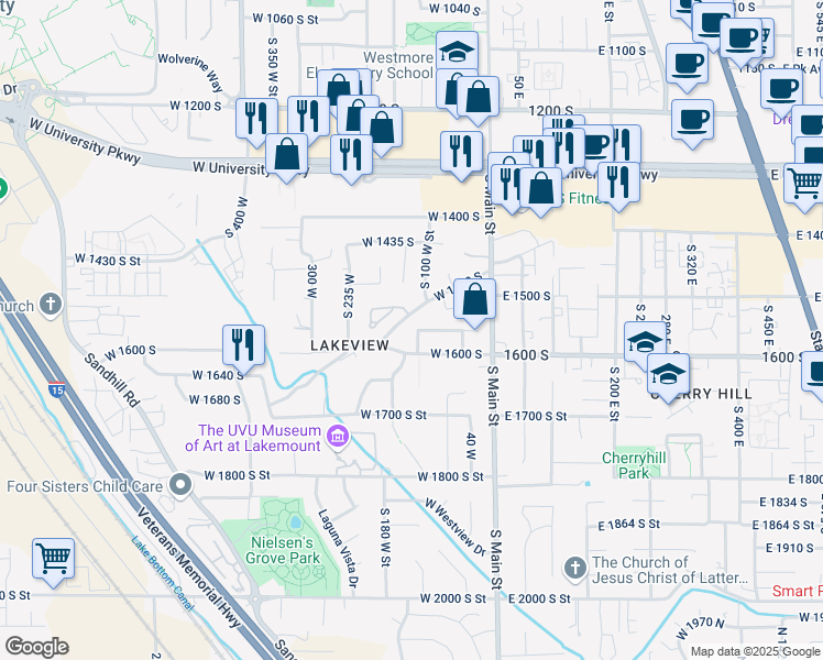 map of restaurants, bars, coffee shops, grocery stores, and more near 122 West 1560 South Street in Orem