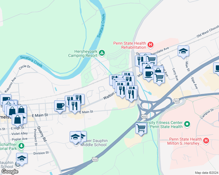 map of restaurants, bars, coffee shops, grocery stores, and more near 10 Cameron Avenue in Hummelstown