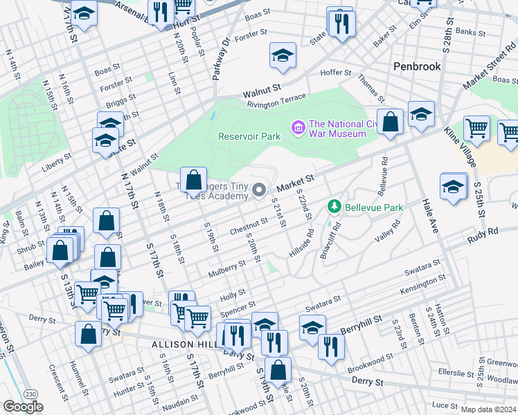 map of restaurants, bars, coffee shops, grocery stores, and more near 2022 Market Street in Harrisburg