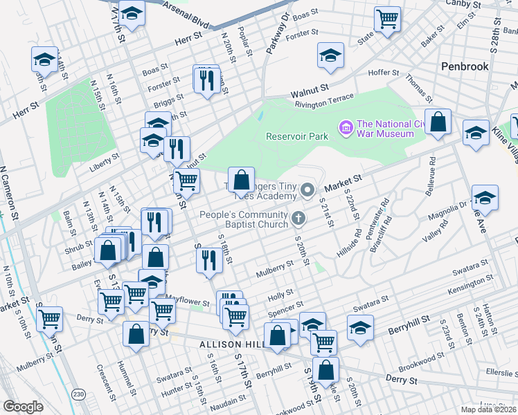 map of restaurants, bars, coffee shops, grocery stores, and more near 25 North 19th Street in Harrisburg
