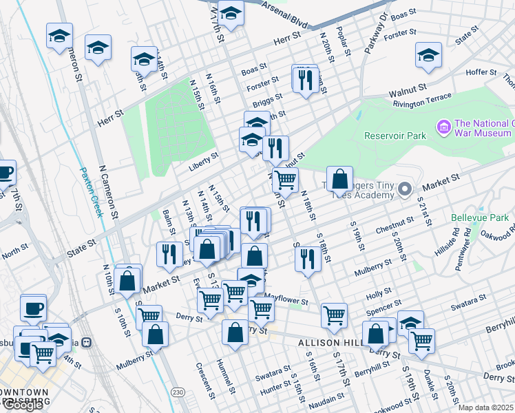 map of restaurants, bars, coffee shops, grocery stores, and more near 66 North 16th Street in Harrisburg