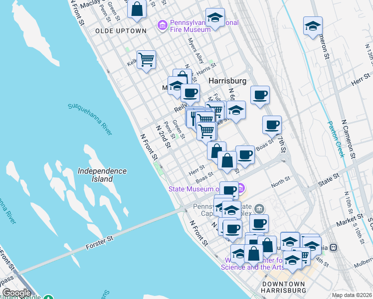 map of restaurants, bars, coffee shops, grocery stores, and more near 251 Verbeke Street in Harrisburg