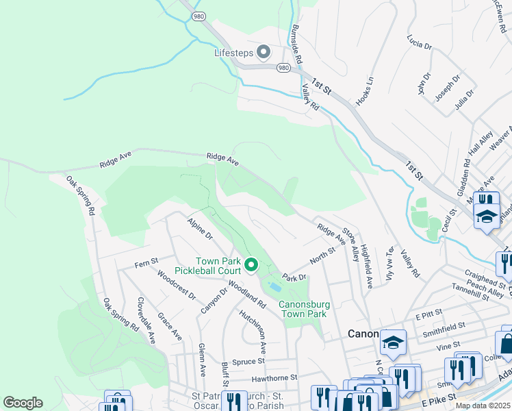 map of restaurants, bars, coffee shops, grocery stores, and more near 202 Ketchum Drive in Canonsburg