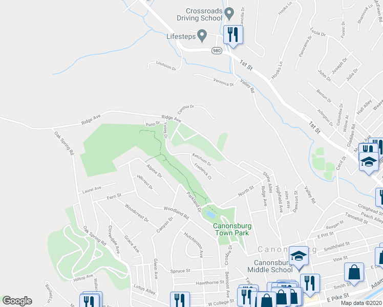 map of restaurants, bars, coffee shops, grocery stores, and more near 598 Ketchum Drive in Canonsburg