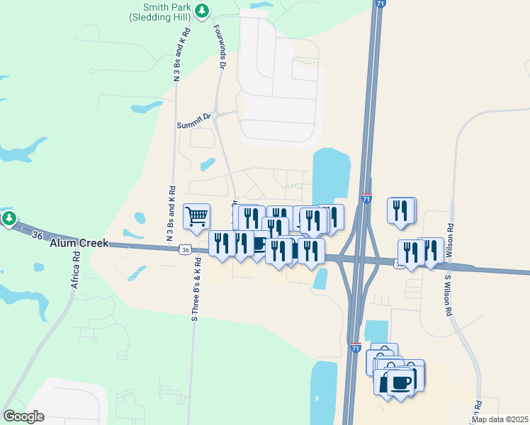map of restaurants, bars, coffee shops, grocery stores, and more near 7209 Longhorn Drive in Sunbury