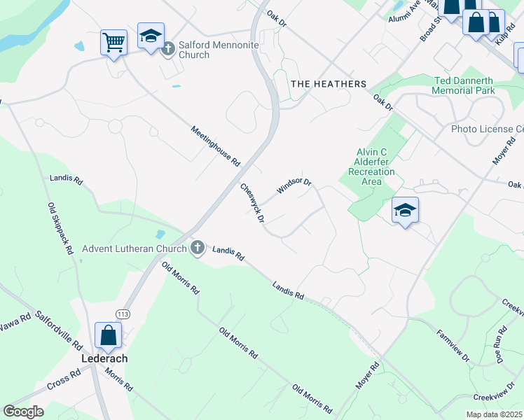 map of restaurants, bars, coffee shops, grocery stores, and more near 454 Windsor Drive in Harleysville