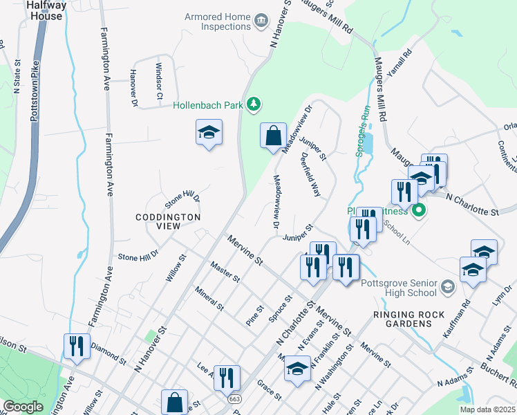 map of restaurants, bars, coffee shops, grocery stores, and more near 1287 Whitespire Circle in Pottstown