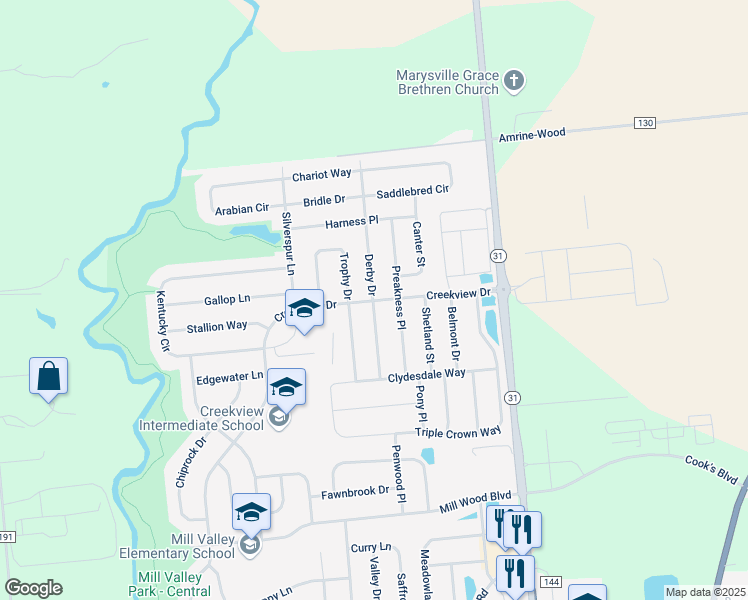 map of restaurants, bars, coffee shops, grocery stores, and more near 2106 Derby Drive in Marysville