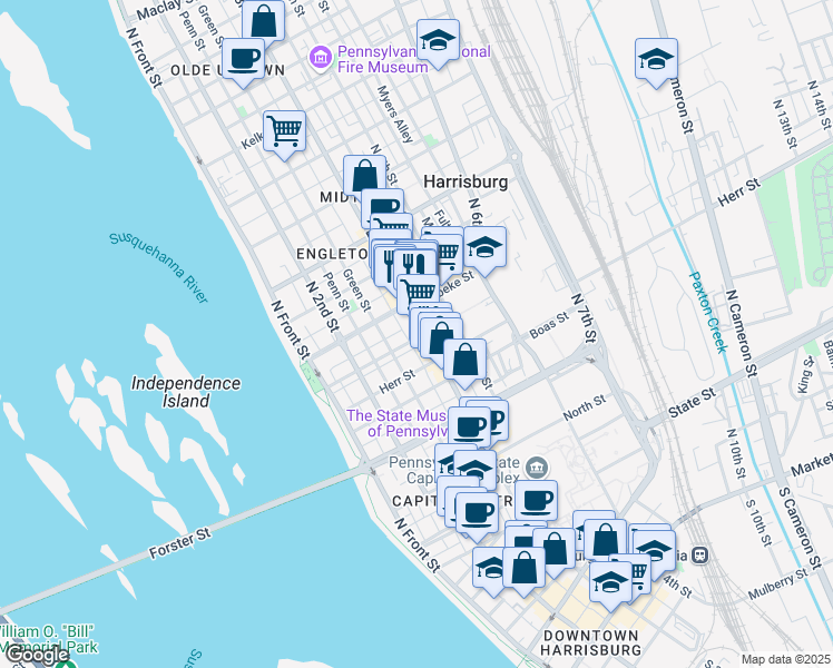 map of restaurants, bars, coffee shops, grocery stores, and more near 288 Cumberland Street in Harrisburg