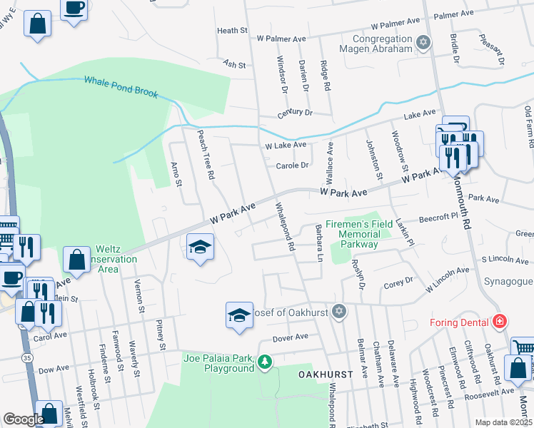map of restaurants, bars, coffee shops, grocery stores, and more near 64 Whalepond Road in Ocean Township