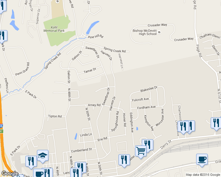 map of restaurants, bars, coffee shops, grocery stores, and more near 5157 Clover Court in Harrisburg