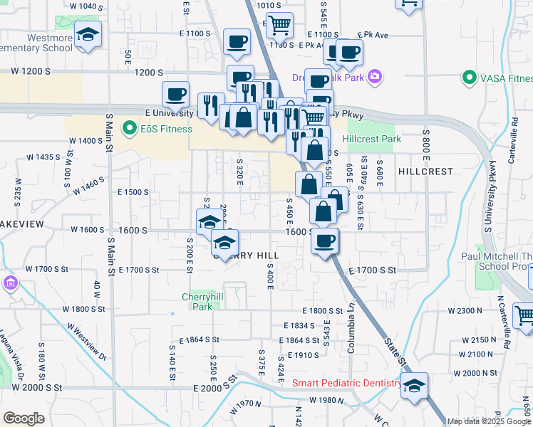 map of restaurants, bars, coffee shops, grocery stores, and more near 1552 South 400 East in Orem