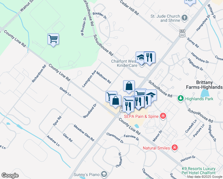 map of restaurants, bars, coffee shops, grocery stores, and more near 520 Airy Avenue in Chalfont