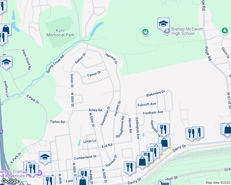 map of restaurants, bars, coffee shops, grocery stores, and more near 5157 Clover Court in Harrisburg
