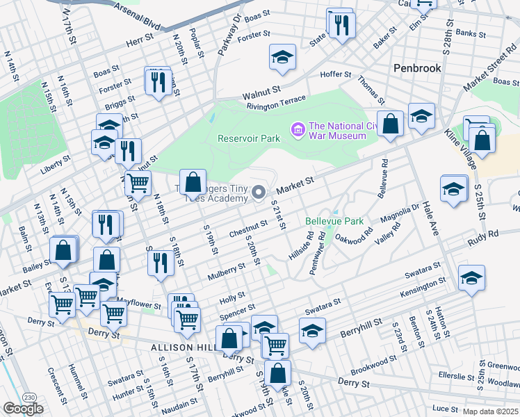 map of restaurants, bars, coffee shops, grocery stores, and more near 2042 Zarker Street in Harrisburg