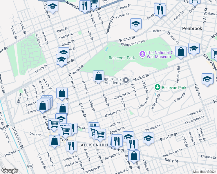 map of restaurants, bars, coffee shops, grocery stores, and more near 1918 Market Street in Harrisburg