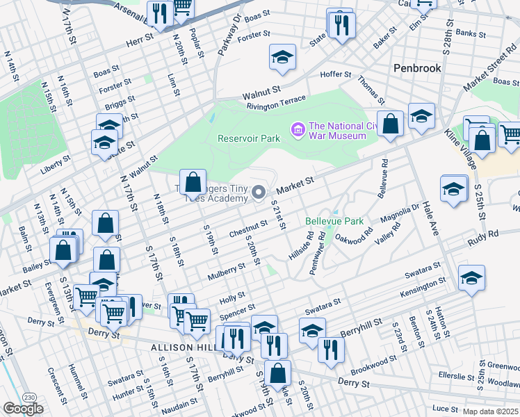 map of restaurants, bars, coffee shops, grocery stores, and more near 2042 Zarker Street in Harrisburg