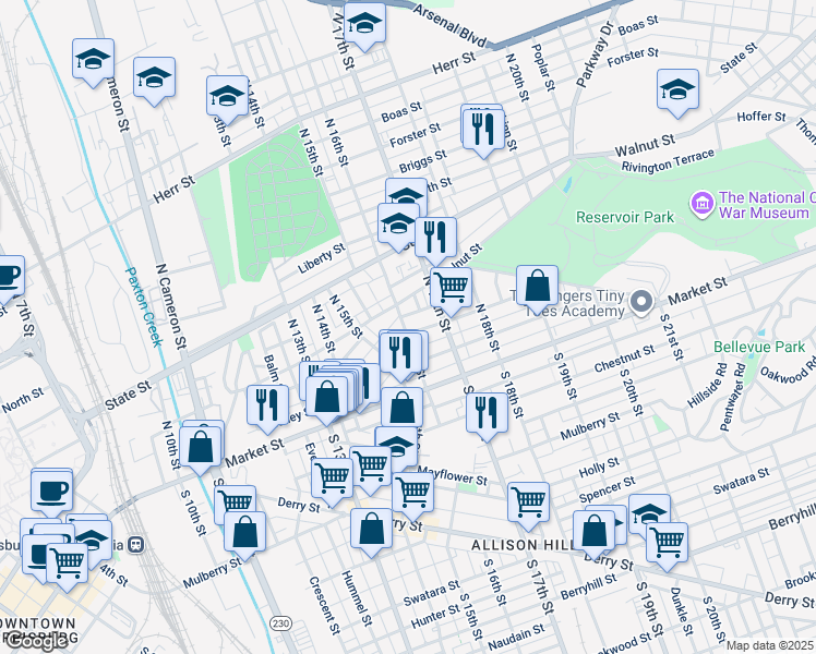 map of restaurants, bars, coffee shops, grocery stores, and more near 66 North 16th Street in Harrisburg