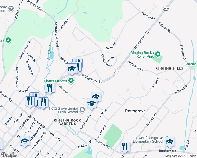 map of restaurants, bars, coffee shops, grocery stores, and more near 1689 North Charlotte Street in Pottstown