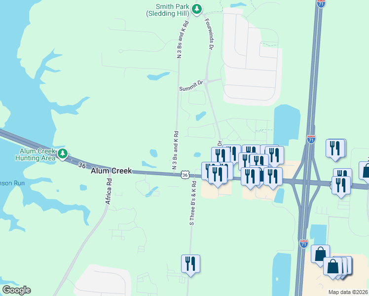 map of restaurants, bars, coffee shops, grocery stores, and more near 124 North Three B S K Road in Sunbury