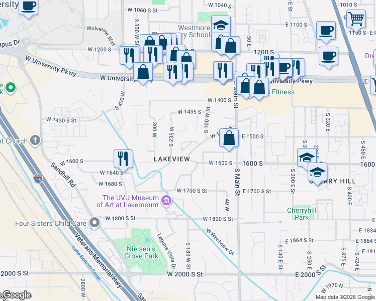 map of restaurants, bars, coffee shops, grocery stores, and more near 153 West Hidden Hollow Drive in Orem