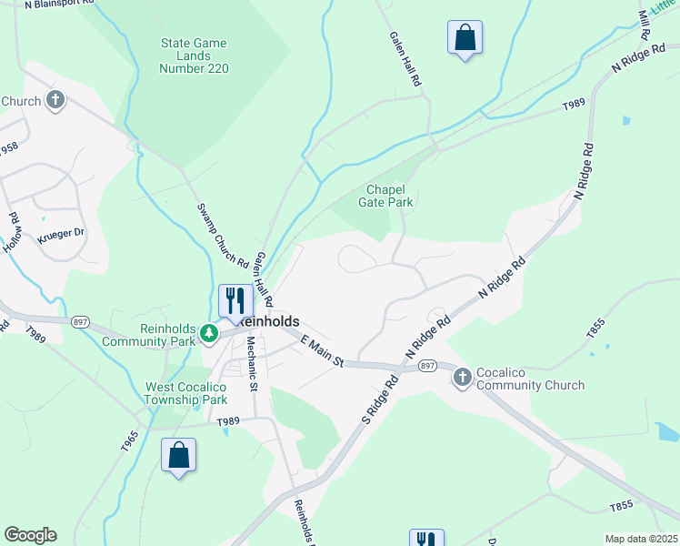 map of restaurants, bars, coffee shops, grocery stores, and more near 85 Redstone Circle in Reinholds
