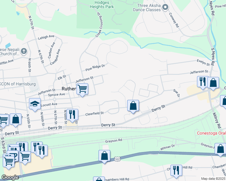 map of restaurants, bars, coffee shops, grocery stores, and more near 349 Kristy Lane in Harrisburg