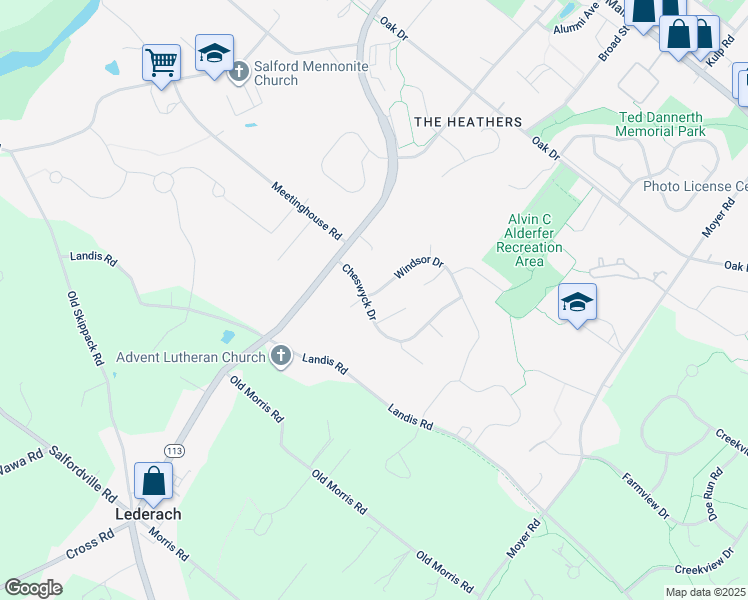 map of restaurants, bars, coffee shops, grocery stores, and more near 454 Windsor Drive in Harleysville