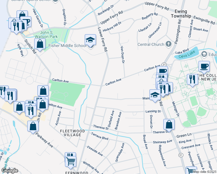 map of restaurants, bars, coffee shops, grocery stores, and more near 95 Carlton Avenue in Ewing Township