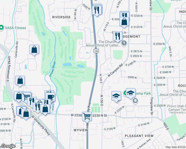 map of restaurants, bars, coffee shops, grocery stores, and more near 2698 East 2680 North Street in Provo
