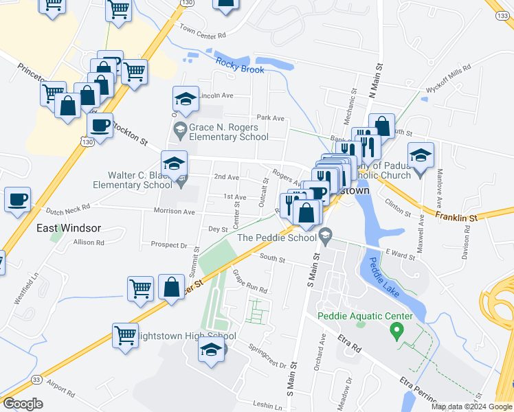 map of restaurants, bars, coffee shops, grocery stores, and more near 119 1st Avenue in Hightstown