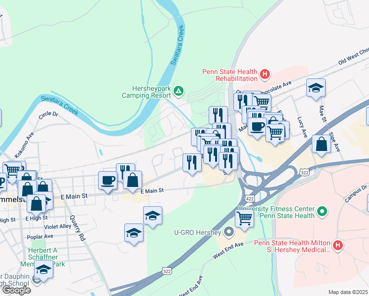map of restaurants, bars, coffee shops, grocery stores, and more near 10 Cameron Avenue in Hummelstown
