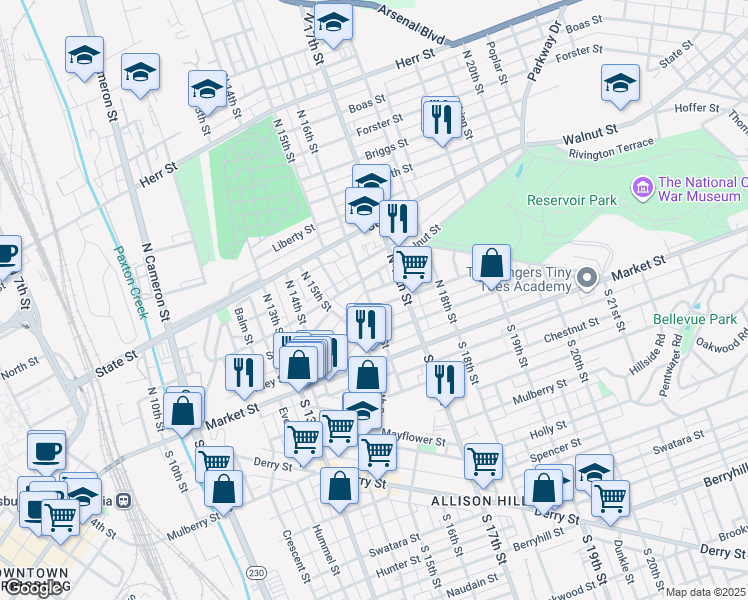 map of restaurants, bars, coffee shops, grocery stores, and more near 66 North 16th Street in Harrisburg