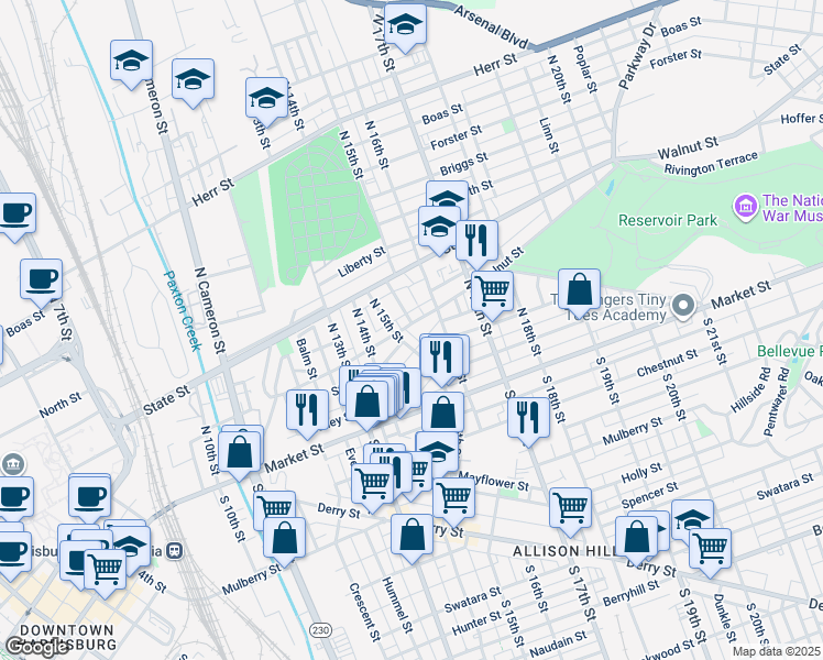 map of restaurants, bars, coffee shops, grocery stores, and more near 1504 Walnut Street in Harrisburg