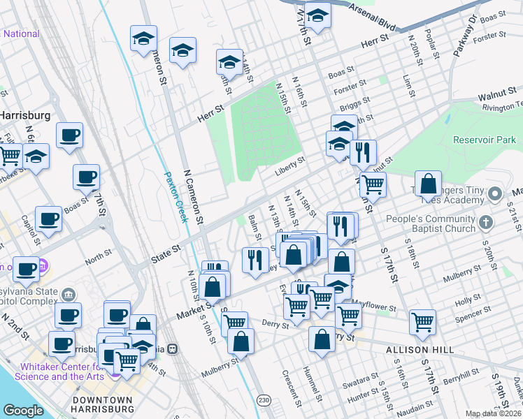 map of restaurants, bars, coffee shops, grocery stores, and more near 156 North 13th Street in Harrisburg
