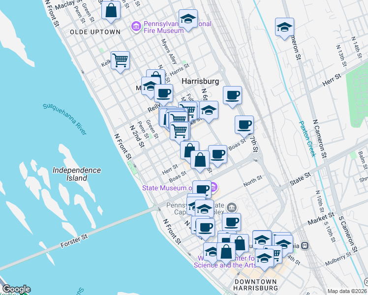 map of restaurants, bars, coffee shops, grocery stores, and more near 1231 North 3rd Street in Harrisburg