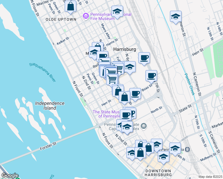 map of restaurants, bars, coffee shops, grocery stores, and more near 1231 North 3rd Street in Harrisburg