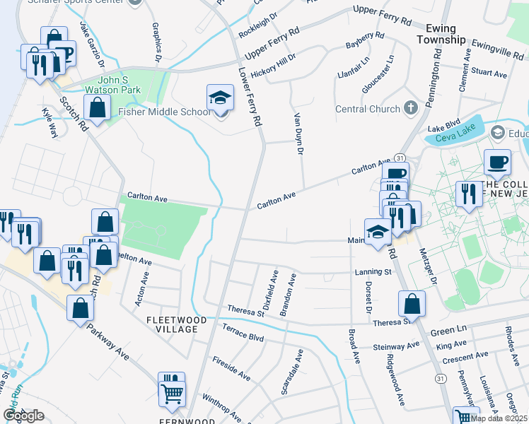 map of restaurants, bars, coffee shops, grocery stores, and more near 95 Carlton Avenue in Ewing Township
