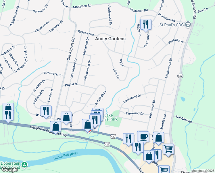 map of restaurants, bars, coffee shops, grocery stores, and more near 321 Griffith Drive in Douglassville