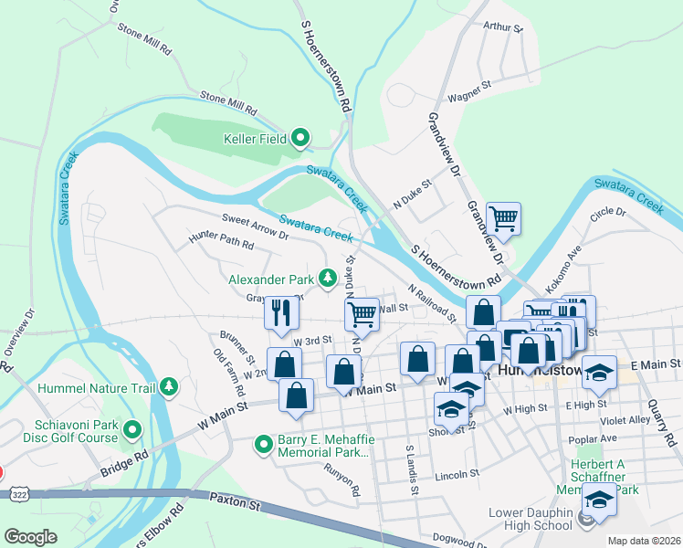 map of restaurants, bars, coffee shops, grocery stores, and more near 235 North Duke Street in Hummelstown