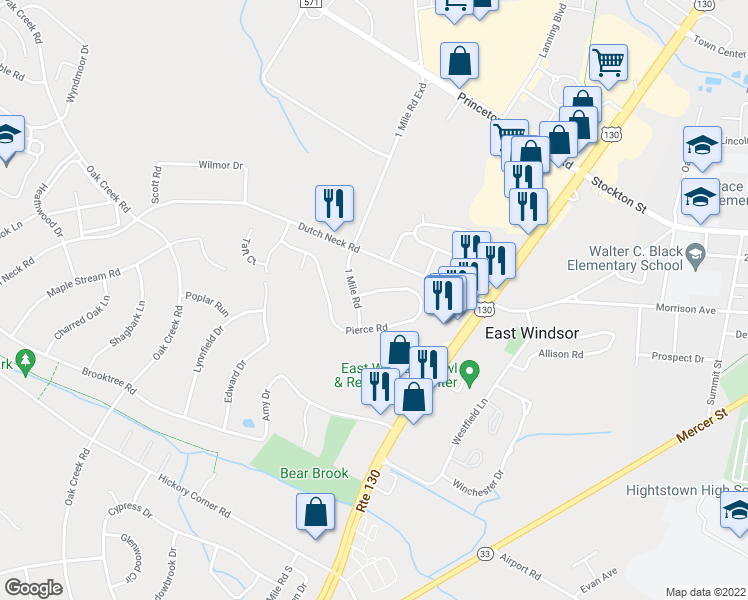 map of restaurants, bars, coffee shops, grocery stores, and more near 4 Pierce Road in East Windsor