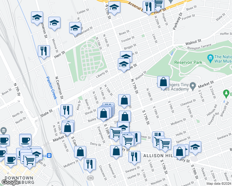 map of restaurants, bars, coffee shops, grocery stores, and more near 1504 Walnut Street in Harrisburg