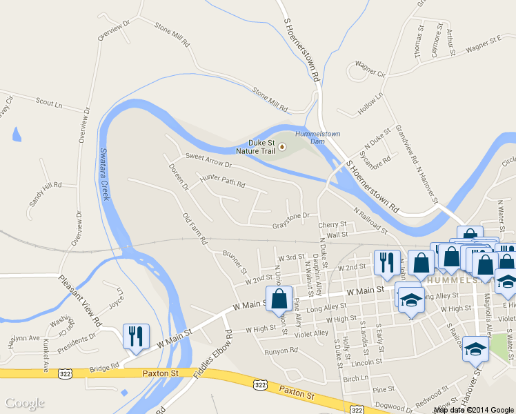 map of restaurants, bars, coffee shops, grocery stores, and more near 505 Hawk View Road in Hummelstown