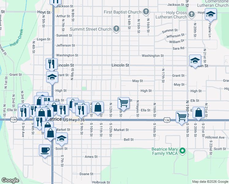 map of restaurants, bars, coffee shops, grocery stores, and more near 400 North 12th Street in Beatrice