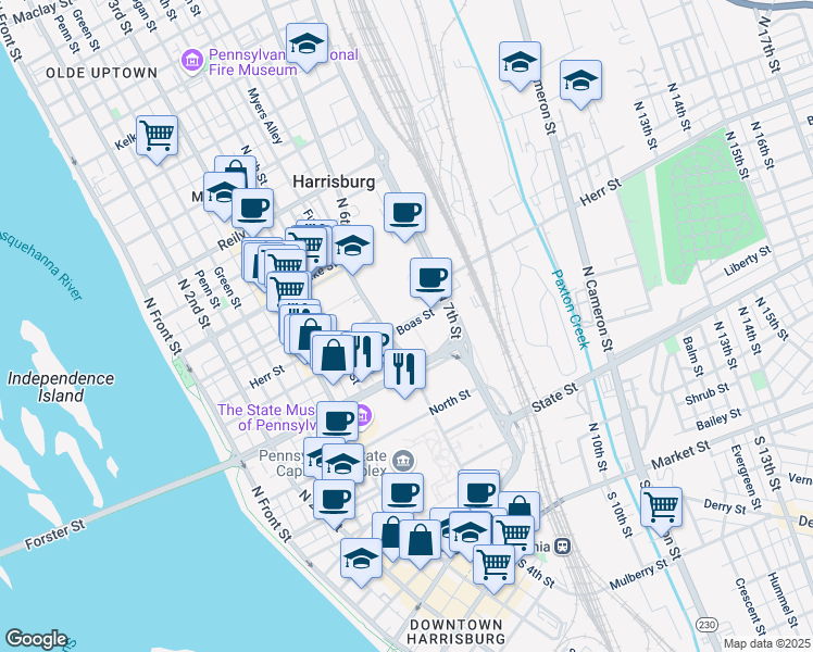 map of restaurants, bars, coffee shops, grocery stores, and more near 565 Boas Street in Harrisburg