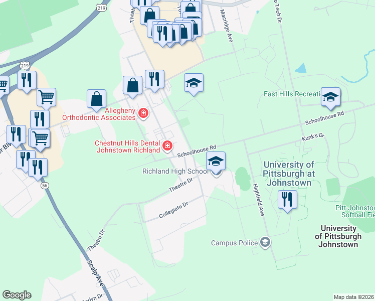 map of restaurants, bars, coffee shops, grocery stores, and more near 295 Schoolhouse Rd in Johnstown