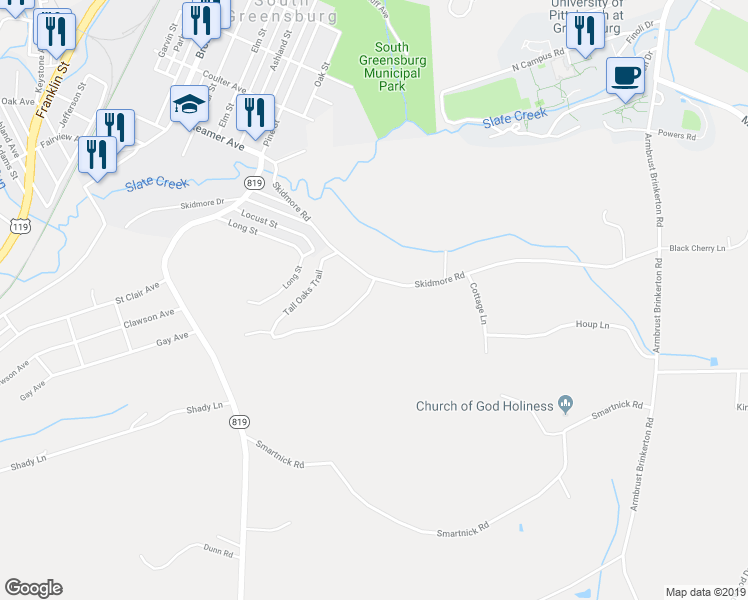map of restaurants, bars, coffee shops, grocery stores, and more near 2436 Skidmore Road in Greensburg