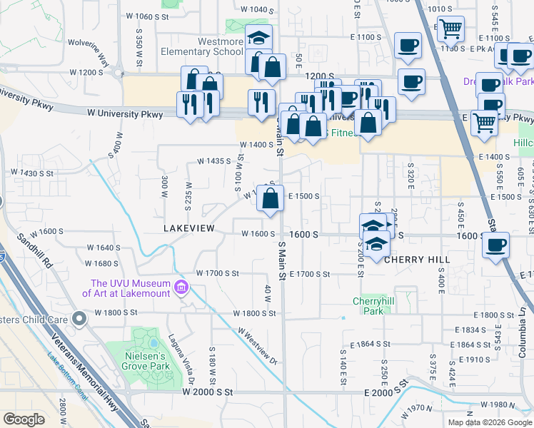 map of restaurants, bars, coffee shops, grocery stores, and more near 44 West 1560 South Street in Orem