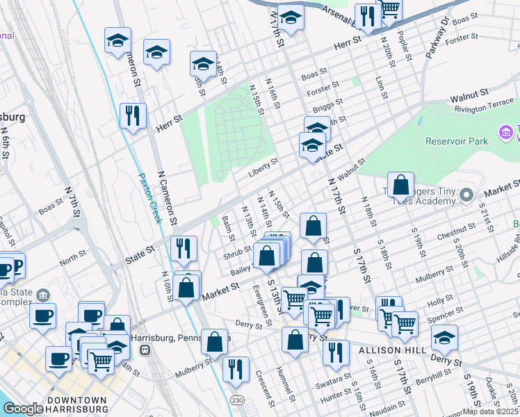 map of restaurants, bars, coffee shops, grocery stores, and more near 224 North 14th Street in Harrisburg